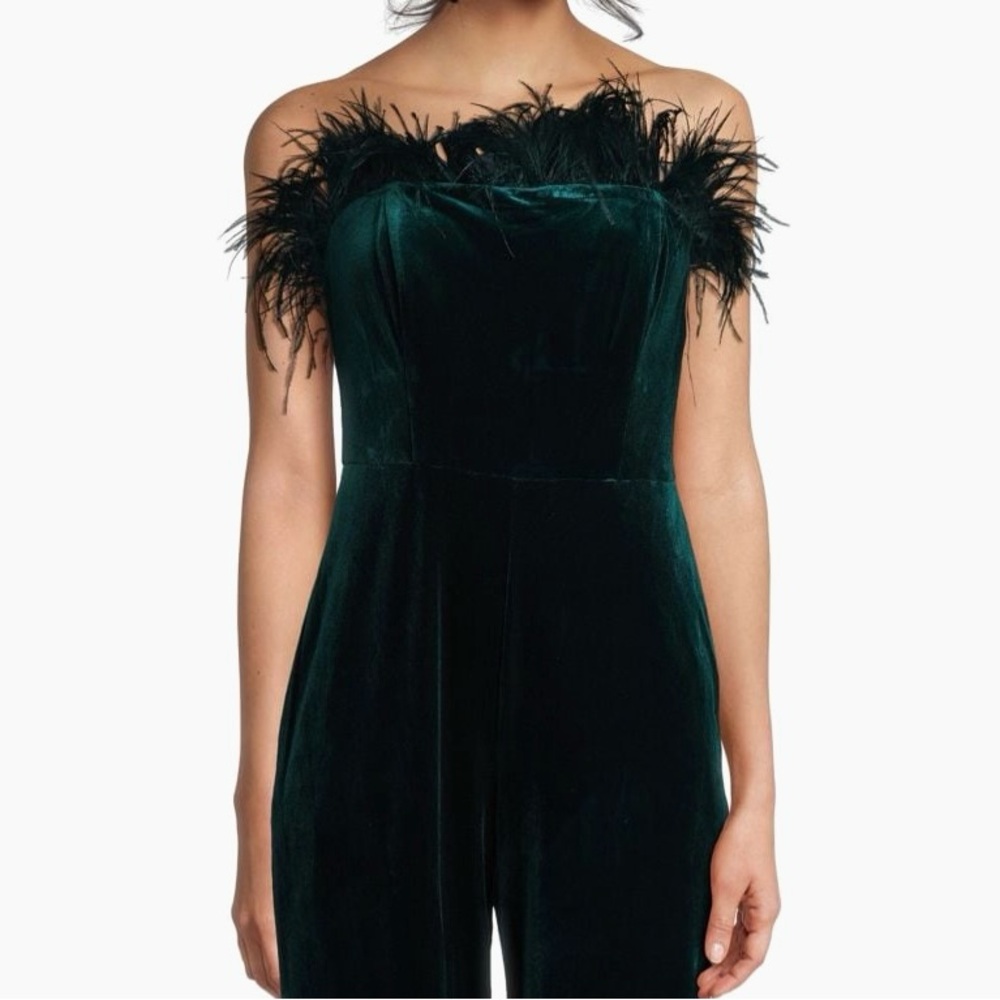 Liv Foster Hunter Green Velvet Jumpsuit with Feather Trim size 14